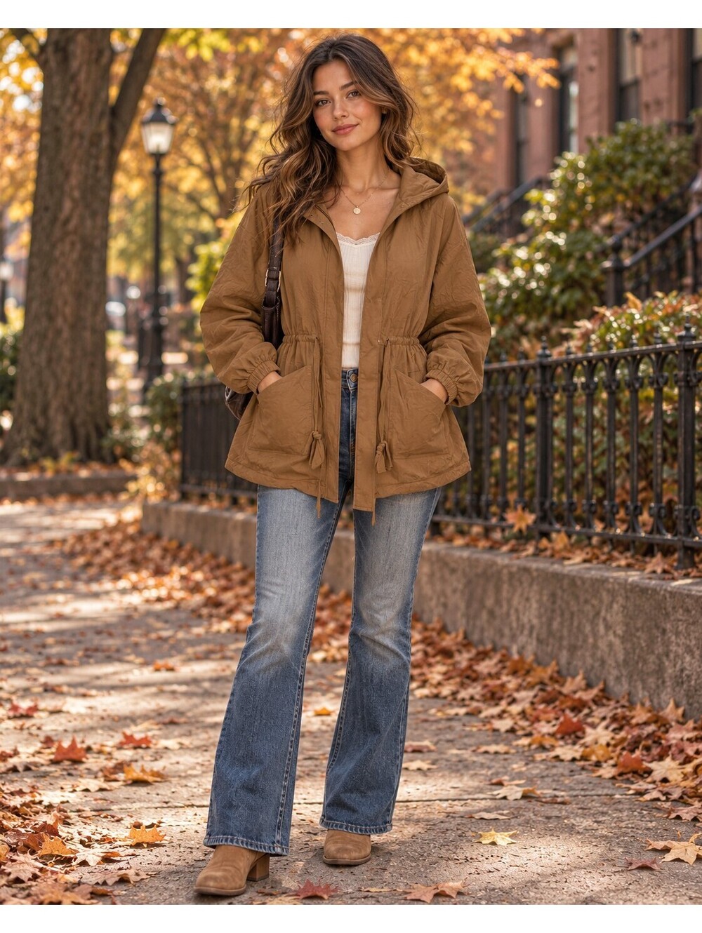Love Tree Hooded Utility Jacket Tie Waist Womens M Brown Lightweight Boho Fall